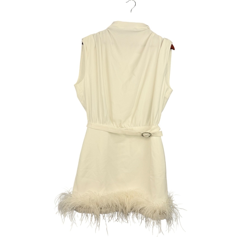 Amanda Uprichard Dress Women L Ivory Feather Hem Belted Mock Neck Sleeveless